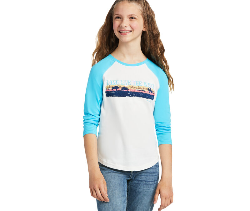 Ariat® Cloud Dancer/Bachelor Button REAL “Long Live the West” LS Girl’s Tee