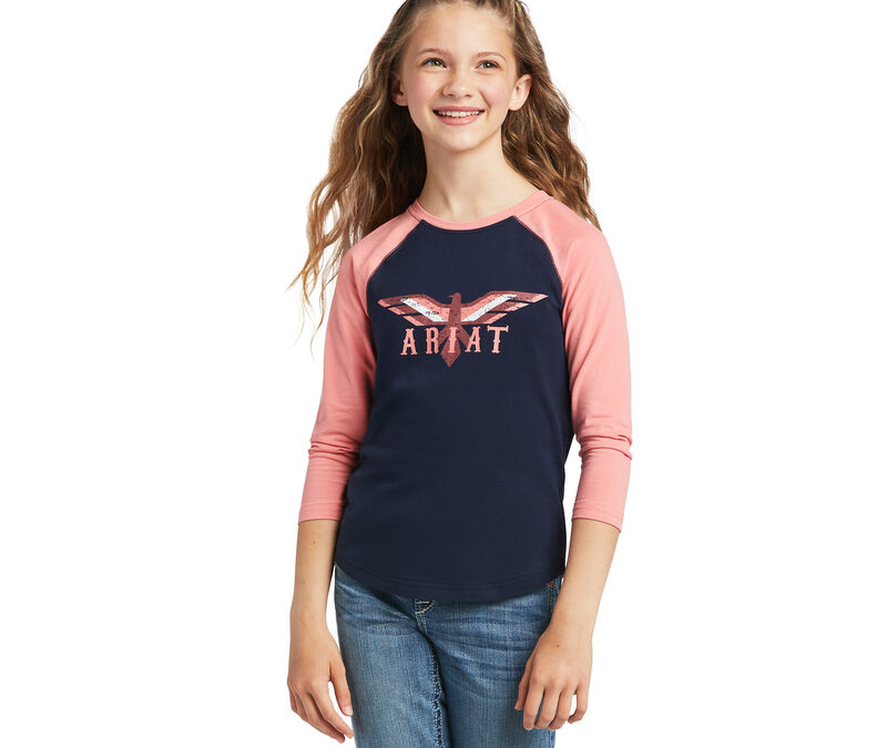 Ariat® Girl’s Raglan Navy and Peach LS T-Shirt